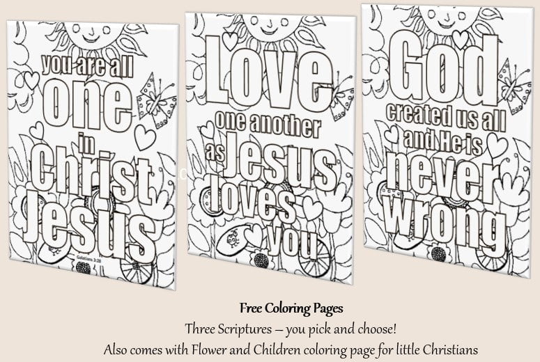 Free Diversity Coloring Pages
Three Scriptures – you pick and choose! Also comes with Flower and Children coloring page for little Christians
